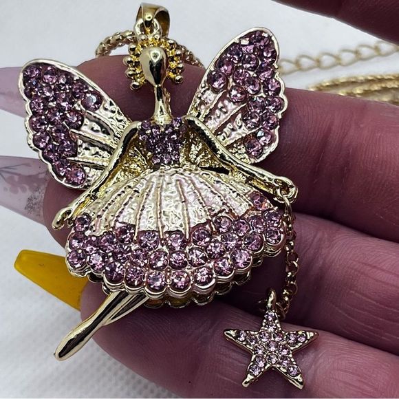 NECKLACE! Betsey Johnson Fairy Dancer w/ Moving Parts, Pink Rhinestones, BNWT - Picture 4 of 8
